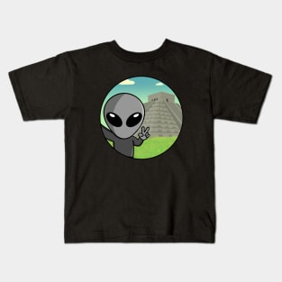 Gray Space Alien Selfie Chichen Itza Kids T-Shirt